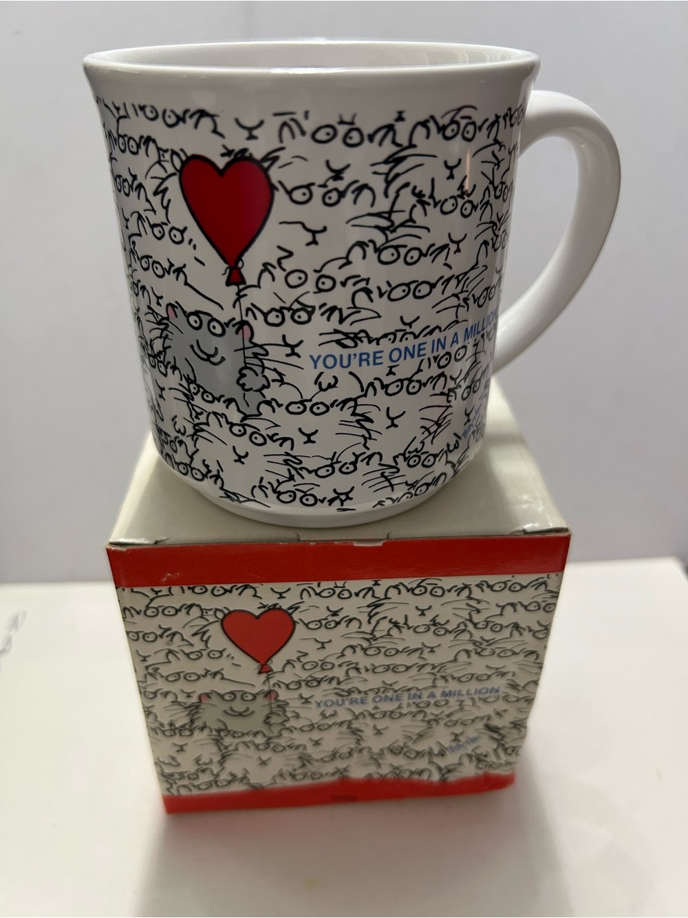 Vintage Cat Coffee Mug You're One in a Million & Original Box Red Heart Ballon